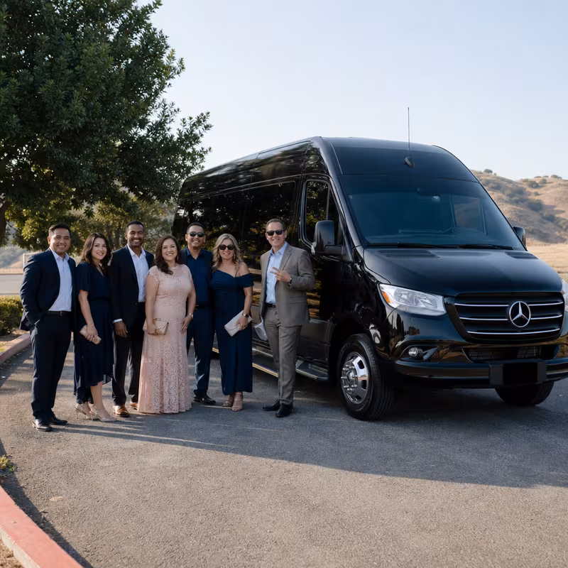 Group beside a Mercedes Sprinter limo from the Sunnyvale fleet