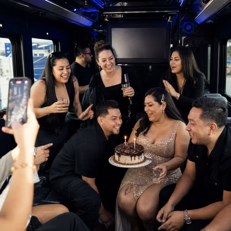Black Mercedes Sprinter van staged for an Sunnyvale Birthday Transportation group