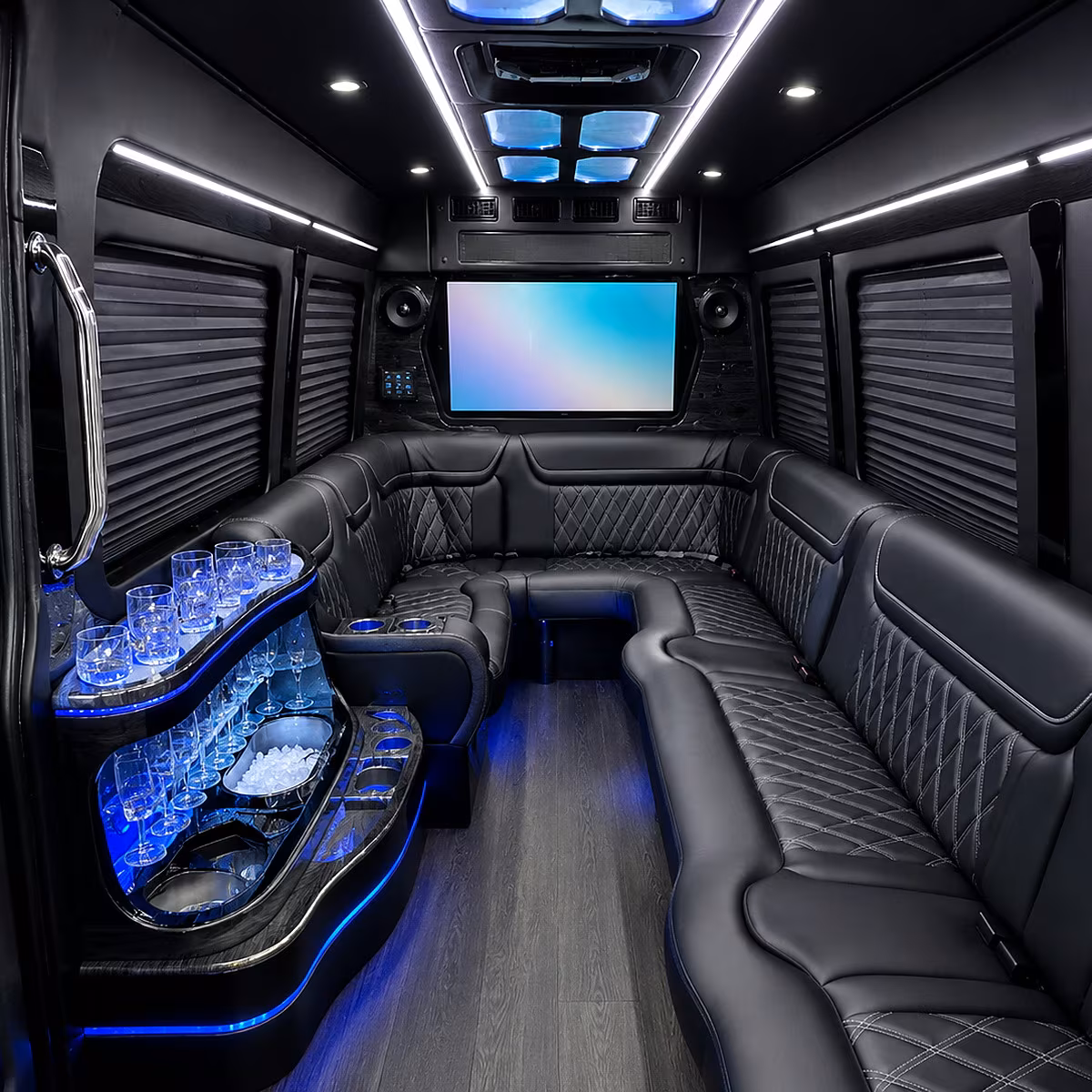 Interior of a party bus rental serving Sunnyvale