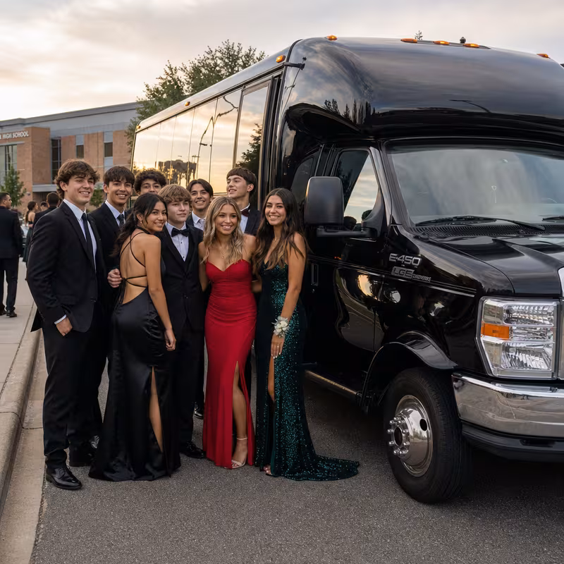 Group boarding a white charter bus for Prom & Homecoming Transportation transportation in Sunnyvale