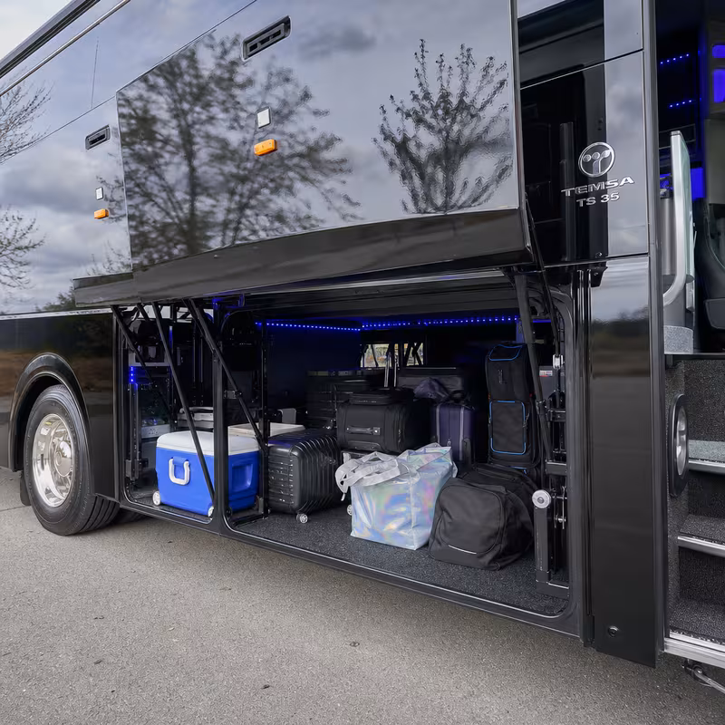 Party bus interior with wraparound leather seating and LED lighting in Sunnyvale
