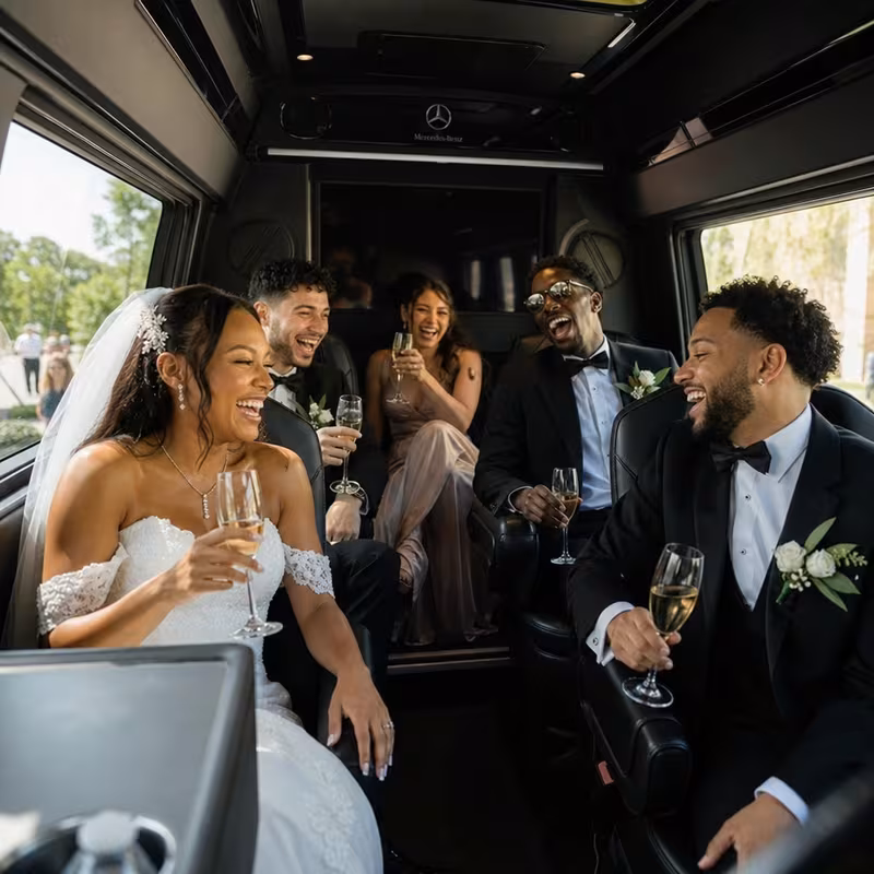 Black Mercedes Sprinter van staged for an Sunnyvale Wedding Transportation group