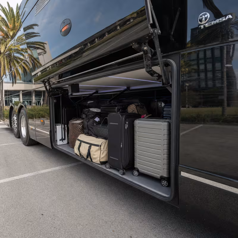 Party bus interior with wraparound leather seating and LED lighting in Sunnyvale